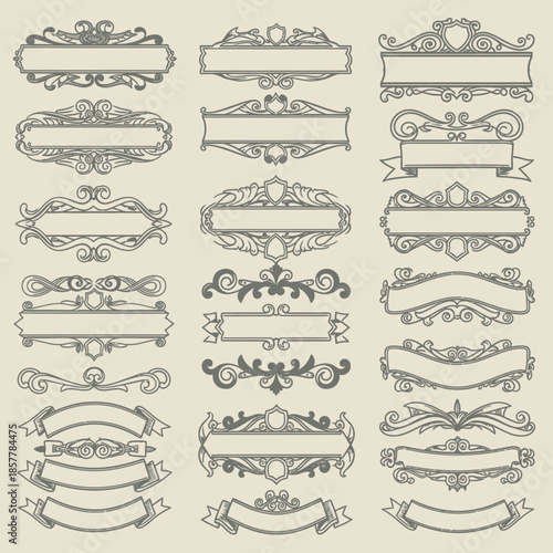 Collection of ornate frames and decorative banners in a vintage style