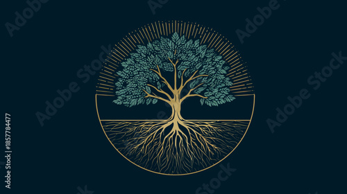 Elegant tree of life illustration with intricate roots, lush foliage, and radiant sunbeams within a circular frame on dark background.