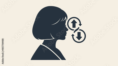 Silhouette of a woman's head with arrows indicating thought process or mental activity.