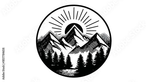 Hand-drawn vintage mountain landscape illustration with sunrise, pine forest, and lake in a circular frame. Nature adventure emblem.