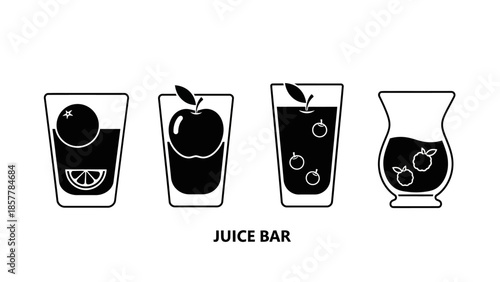 Set of black and white juice bar icons featuring various fruit drinks in different glass types.