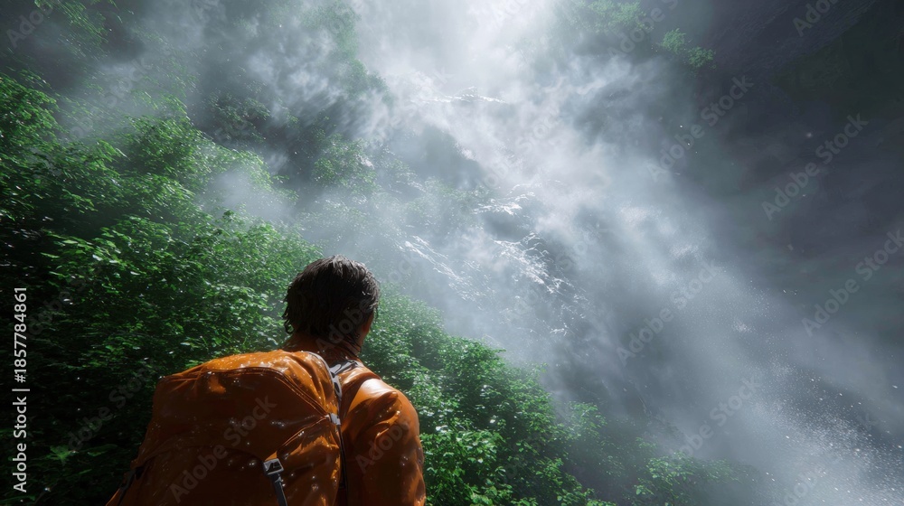 Obraz premium Person standing in front of a waterfall. the person is wearing an orange jacket and has a backpack on their back. the waterfall is cascading down a rocky cliff and is surrounded by lush greenery.