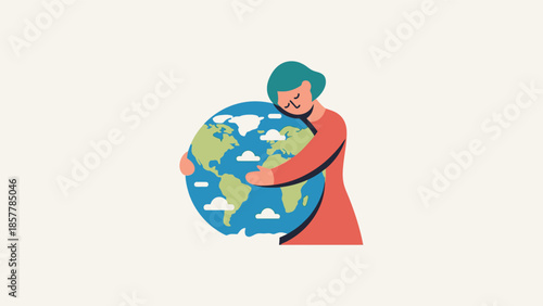 Illustration of a woman hugging the planet Earth, symbolizing environmental protection and care for nature.
