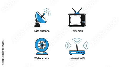 Modern communication devices in flat design with blue accents and wireless signals for technology illustration
