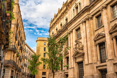 Narrow streets with picturesque old buildings of great beauty in the Gothic Quarter of the city of Barcelona, Spain.