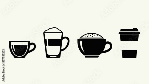 Collection of various coffee cups and mugs, showcasing different types of hot beverages in a simple, iconic style.