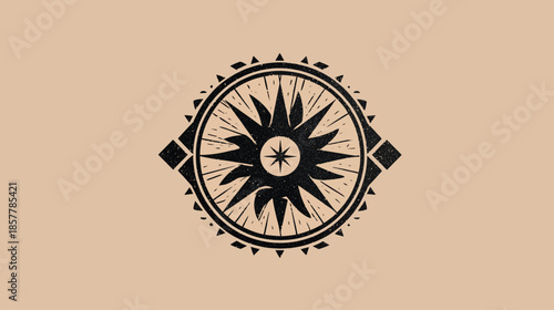 Intricate Compass Rose Sun Star Symbol on Tan Background, Geometric Abstract Design for Navigation and Direction Concepts