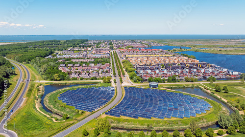 Aerial from solar panels in a circle, called Sun island in Almere Netherlands