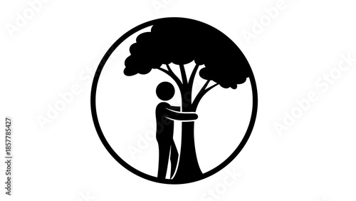 Stylized illustration of a person hugging a tree within a circular frame, symbolizing environmental care and nature conservation.