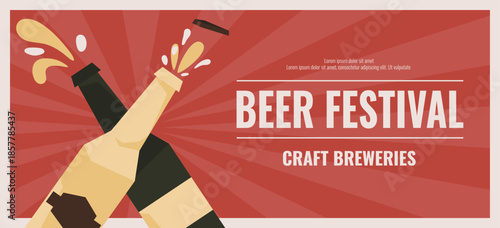 Beer festival vintage banner template. Drink splashes pour from crossed opened bottles. Craft brewery concept. Simple graphic design. Flat rough shape image. Dim old style art for pub, bar ads layout