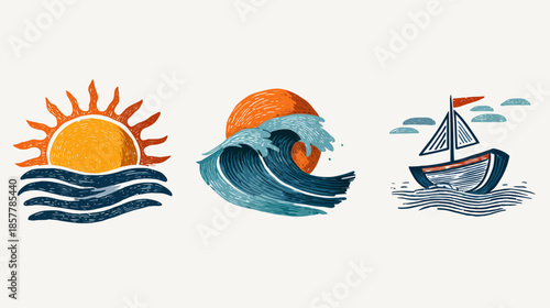 Hand-drawn summer nautical elements set. Textured illustration of sun over ocean waves, a big wave, and a sailboat for travel designs.