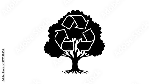 Recycling symbol integrated into a tree silhouette, representing environmental conservation and sustainability.