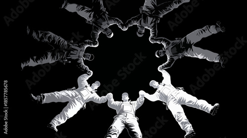 Group of skydivers in a circular formation, holding hands to symbolize unity, extreme sport, and freedom in the sky.