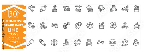 Automotive Spare Parts Icons. Modern Line Icons for Engine Components, Brake Systems, Suspension Parts, Electrical Units, Filters and Vehicle Maintenance Tools Editable Stroke Vector illustration