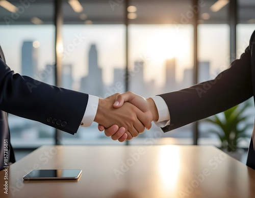 Business people shaking hands in office stock photo