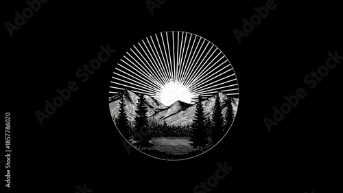 Retro monochrome mountain landscape drawing with sunrise rays over evergreen trees, lake, and wilderness. Vintage nature adventure art.
