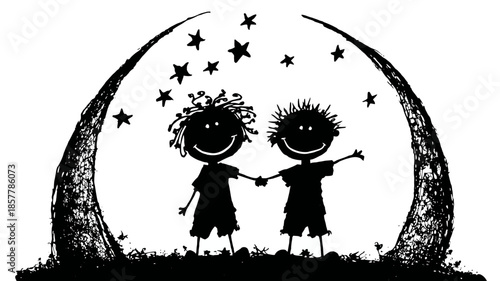 Black and white illustration of two happy children holding hands under a starry arch, symbolizing friendship, joy, and togetherness.