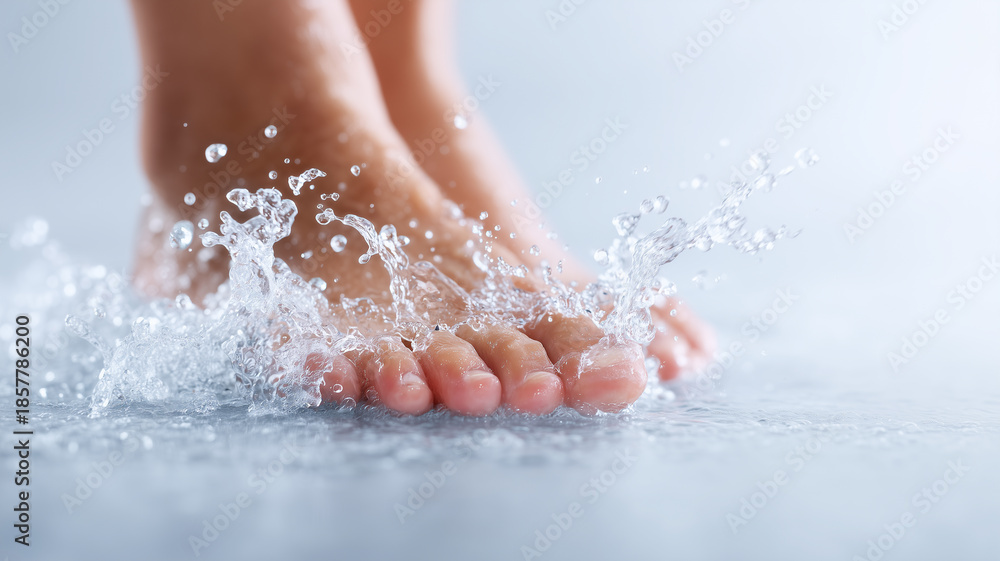 Fototapeta premium The concept of foot washing hygiene where the feet are washed with water.