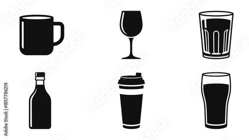 Collection of various black and white beverage containers and drinkware icons.