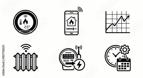 Smart home heating technology icons featuring digital thermostat mobile app control electricity meter and scheduling clock for energy management