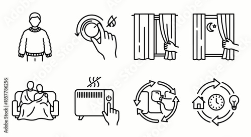 Energy saving tips icons showing person in sweater closing curtains using blanket and turning off heater for home heating efficiency methods