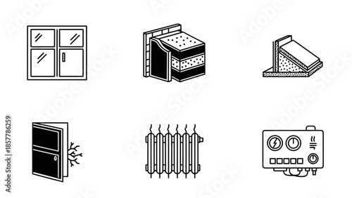 Set of six heating and insulation icons, line art style, vector illustration perfect for website, app, presentation, and marketing material