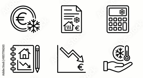 Heating bill cost icons set including euro currency symbol calculator notebook graph and thermometer for financial energy consumption tracking