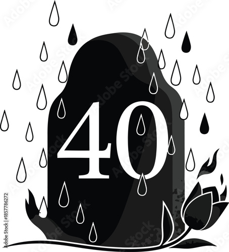 Somber black and white illustration depicting the number forty carved into a dark tombstone with rain falling and a single burning flower below it