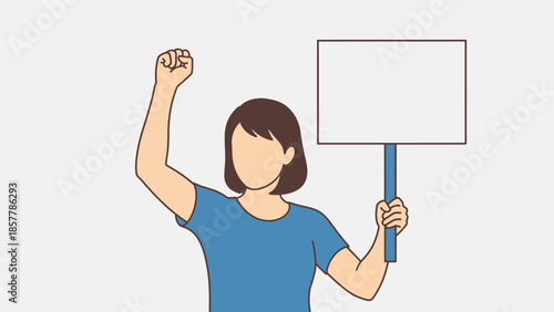 Woman holding a blank protest sign and raising her fist in a powerful gesture of activism and demonstration.