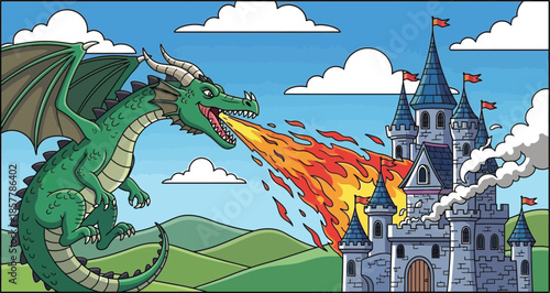 Cartoon green dragon fiercely breathes a massive stream of fire directly onto a fantasy medieval castle structure under a bright blue sky