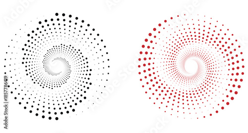 Abstract Halftone Spiral Element Set Black and Red Radial Dotted Vortex