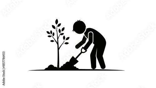 Simple black and white stick figure illustration of a person planting a small tree with a shovel, symbolizing environmental care and gardening.