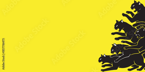 A dynamic illustration of black cat leaping in unison against a vibrant yellow background, creating a sense of movement and energy.
