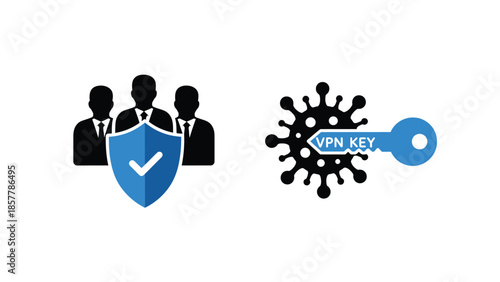 VPN Key and Shield with People Icons in Simple Flat Design for Cybersecurity