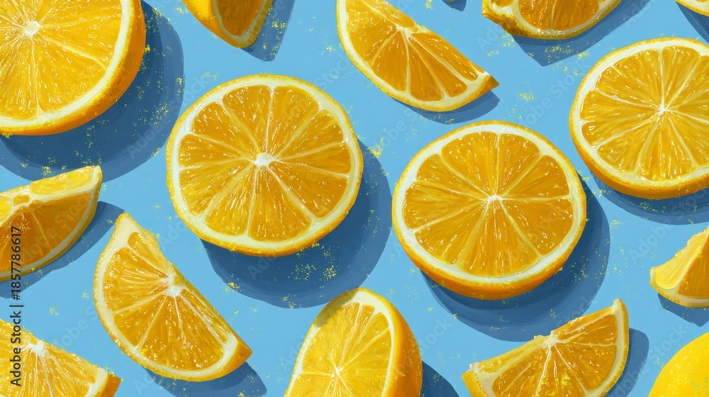 Obraz premium A vibrant composition featuring sliced citrus fruit on a light blue background with scattered speckles creating visual interest