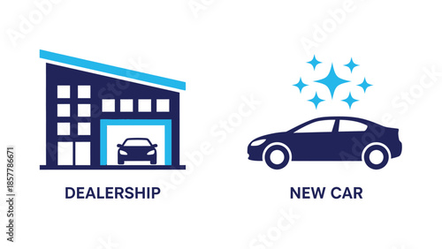 New Car Dealership Icon with Modern Car in Simple Flat Design and Blue Color Scheme for Automotive Branding