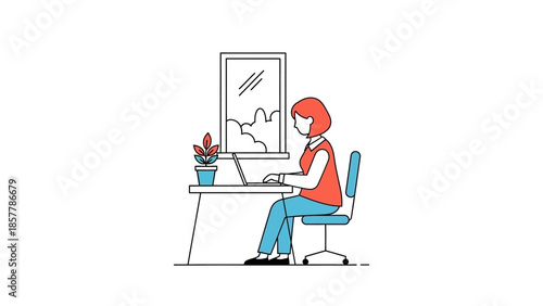 Woman working on laptop at home office desk with plant and window view.