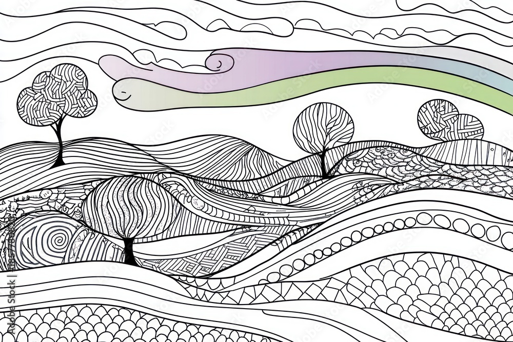 Fototapeta premium Whimsical landscape with rolling hills, detailed trees, and stylized clouds. Pastel rainbow stretches across the sky