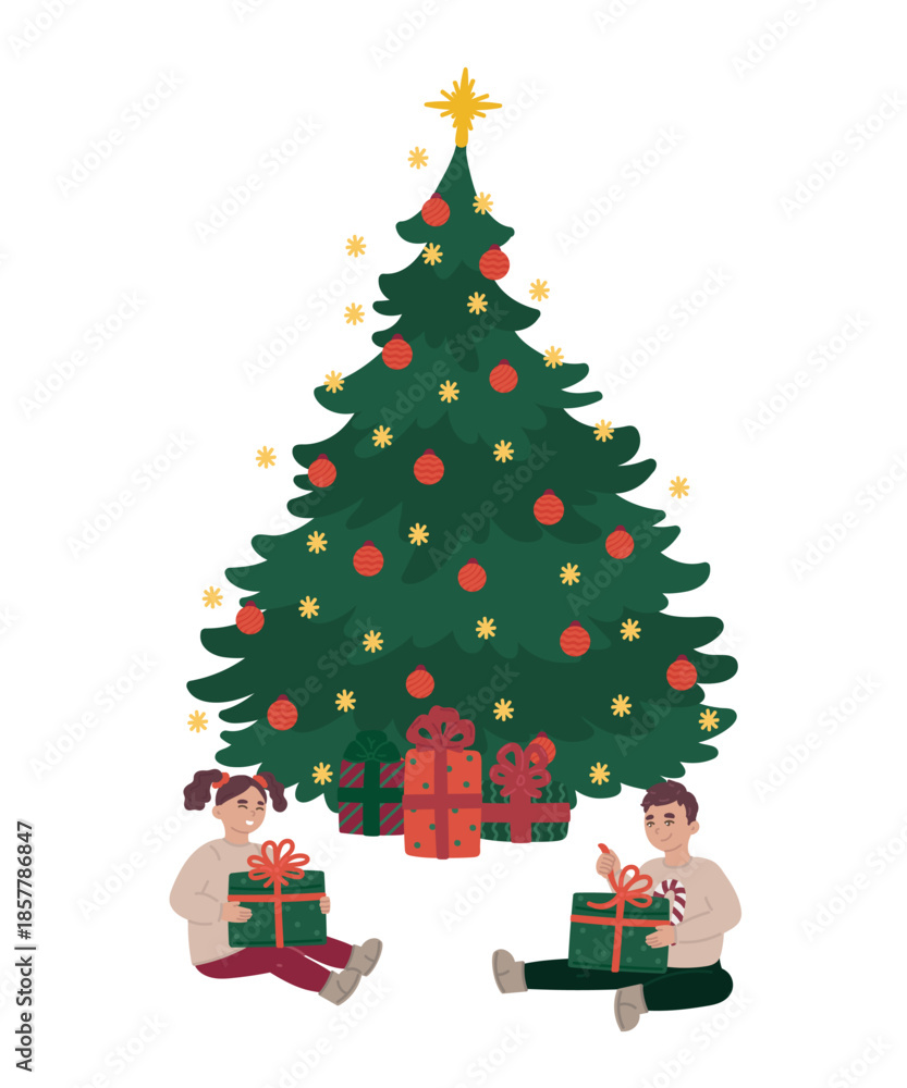 Naklejka premium Children holding gifts and sitting near Christmas tree in flat cartoon design. Sister and brother open their present at New Year and Xmas event, enjoying winter holiday surprises. Vector illustration