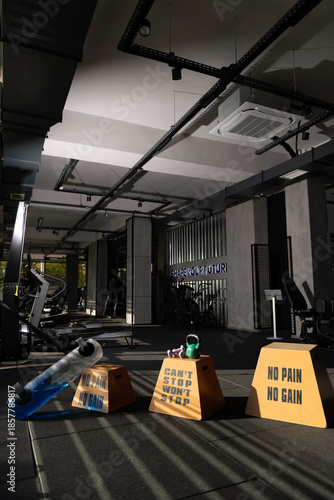 Three Step Boxes with Motivational Slogans and Gym Equipment