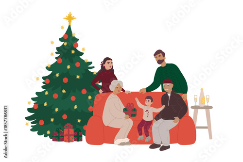 Family celebrating Christmas together in flat cartoon design. Grandmother and grandfather giving gift box for grandson, mother and father standing at New Year and Xmas event. Vector illustration