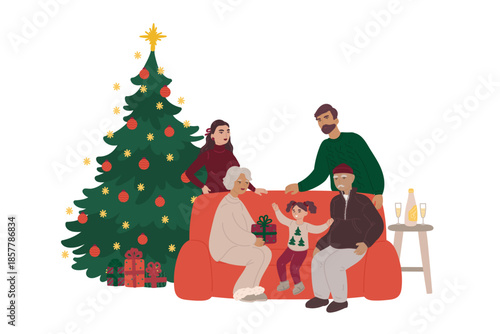 Family celebrating Christmas together in flat cartoon design. Grandmother and grandfather giving gift box for granddaughter, mother and father standing at New Year and Xmas event. Vector illustration