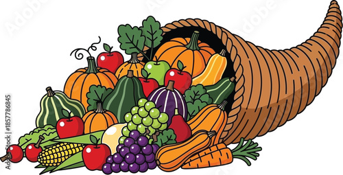Cartoon illustration of a plentiful cornucopia overflowing with vibrant autumn harvest fruits and vegetables symbolizing seasonal abundance and gratitude