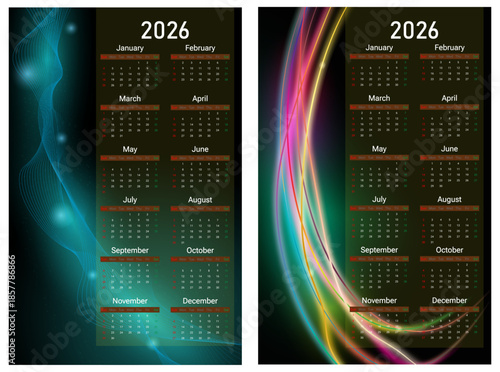 A sleek 2026 yearly calendar design featuring a glowing teal wave background on black, perfect for corporate use.