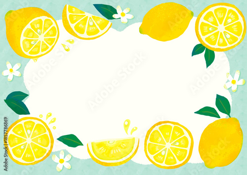 手描きのかわいいレモンのフレーム/黄色・白場