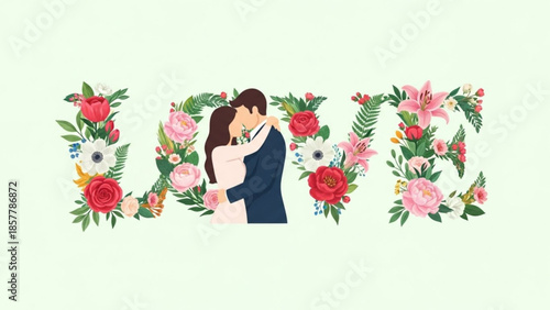 Love Blooms Forever: Romantic embrace symbolized through the word LOVE crafted with floral arrangements, two lovers embrace at the center.
