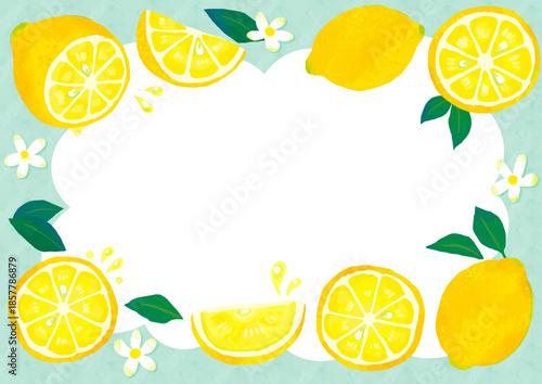 手描きのかわいいレモンのフレーム/緑・透明
