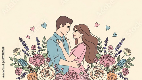 Eternal Embrace Amidst Floral Bliss: A tender couple shares an intimate embrace, enveloped by a vibrant arrangement of flowers and hearts, symbolizing enduring love and the beauty of connection.