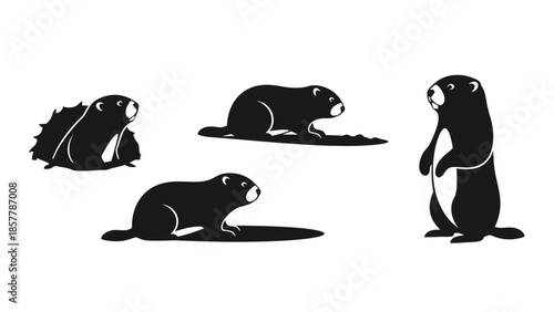 Set of black and white groundhog silhouettes in various poses, isolated on a white background.