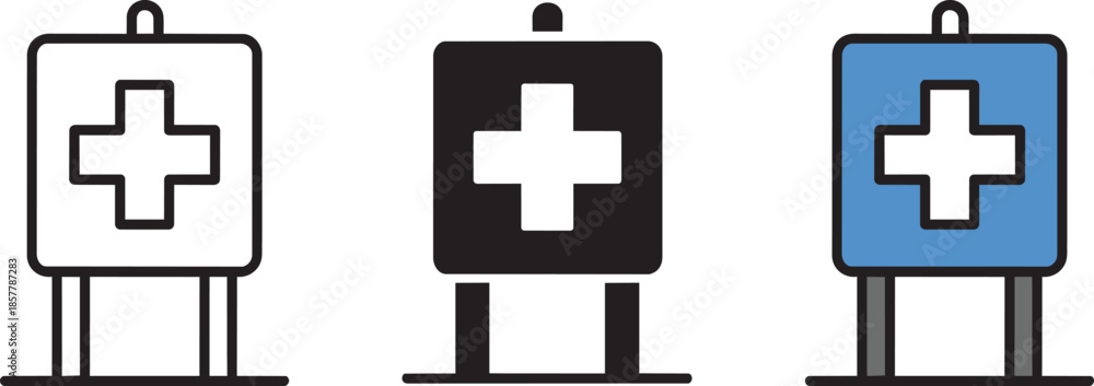 Obraz premium First aid station sign icons in outline solid black and blue colors for emergency medical help
